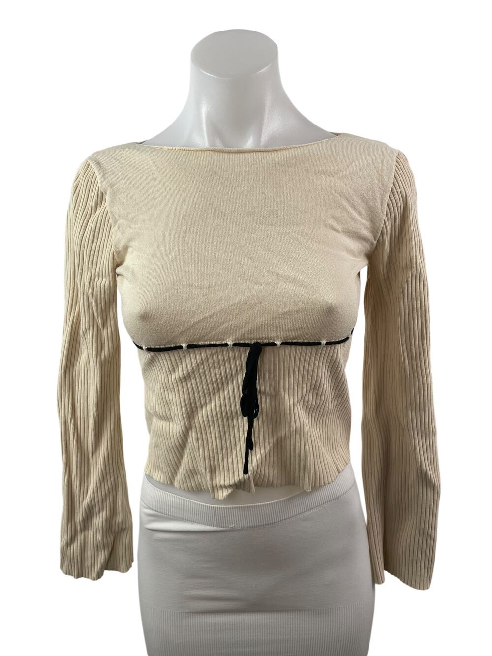 Motel Women's Beige Tie Bustier Ribbed KNit Long Sleeve Blouse Crop Top Size M